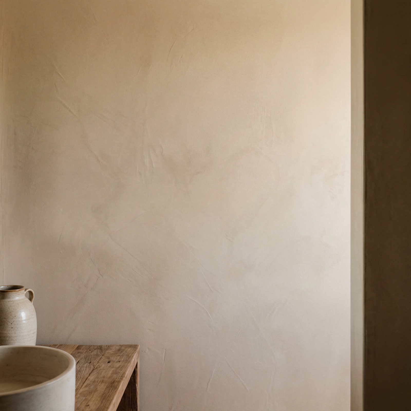 Gros plan de microciment sur un mur de salle de bain beige chaud