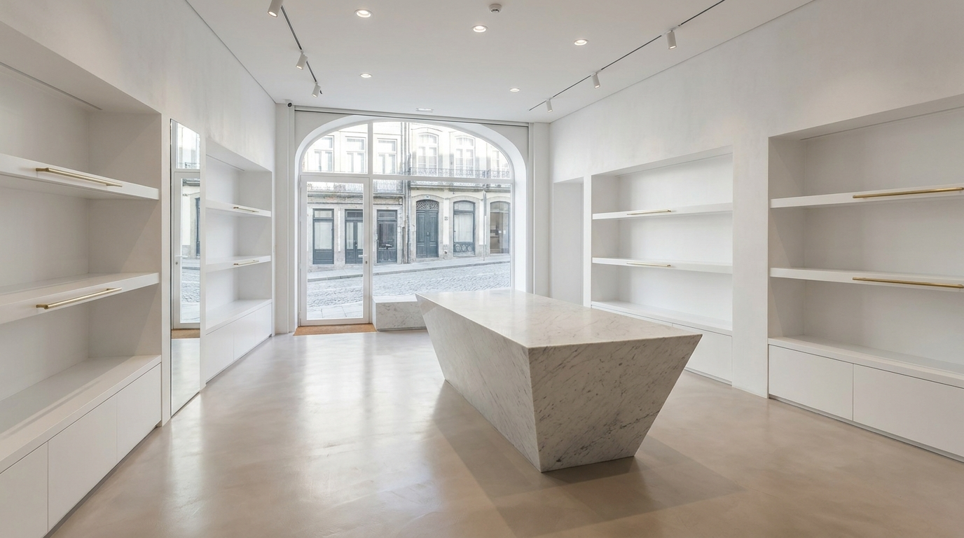 Microcimento em loja retail — pavimento contínuo sem juntas