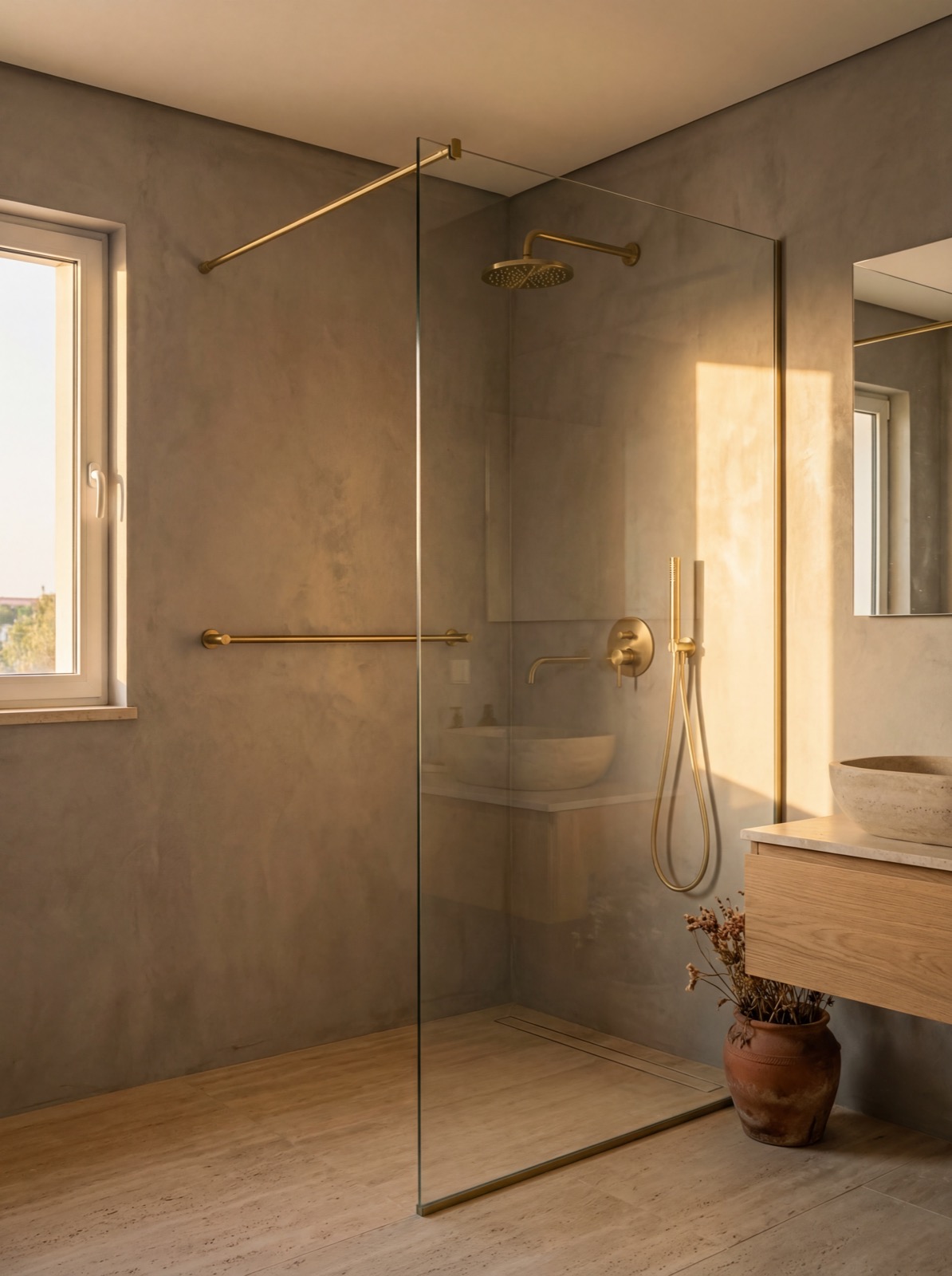 Casa de banho com duche walk-in e microcimento