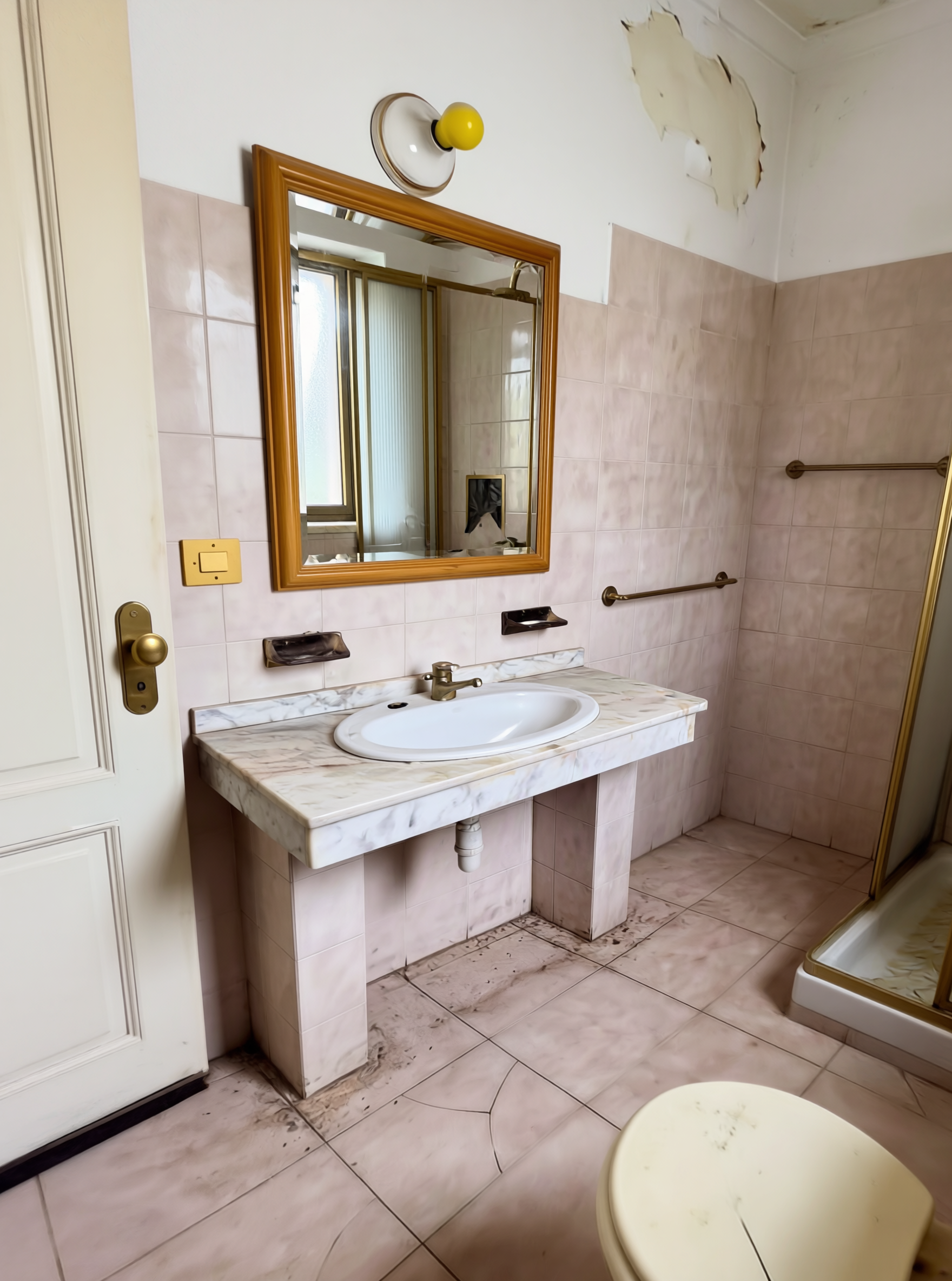 Casa de banho Espinho antes — detalhe box de duche antiga com perfis e vedantes deteriorados