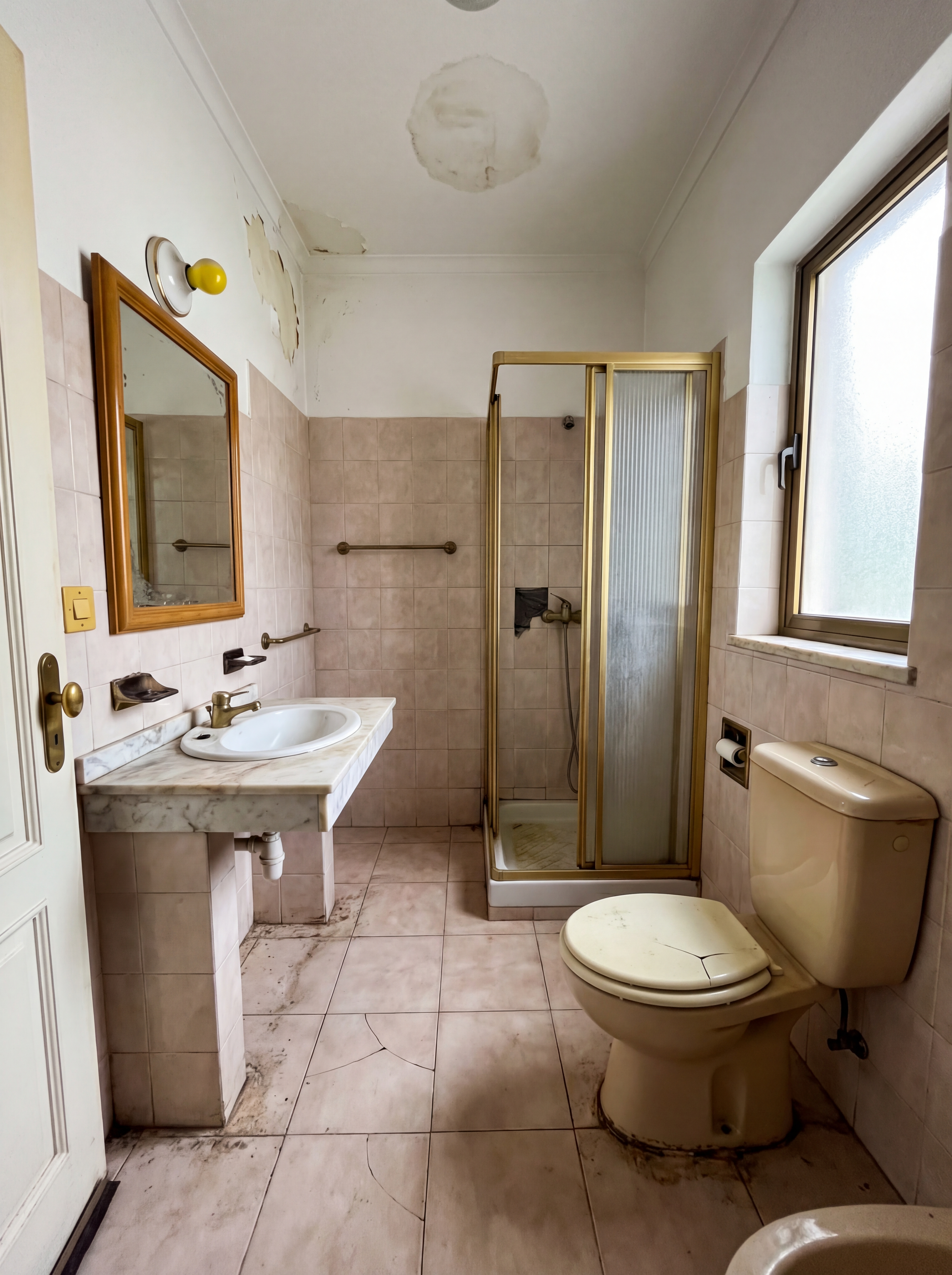 Casa de banho Espinho antes — vista geral com azulejo antigo e box de duche anos 80