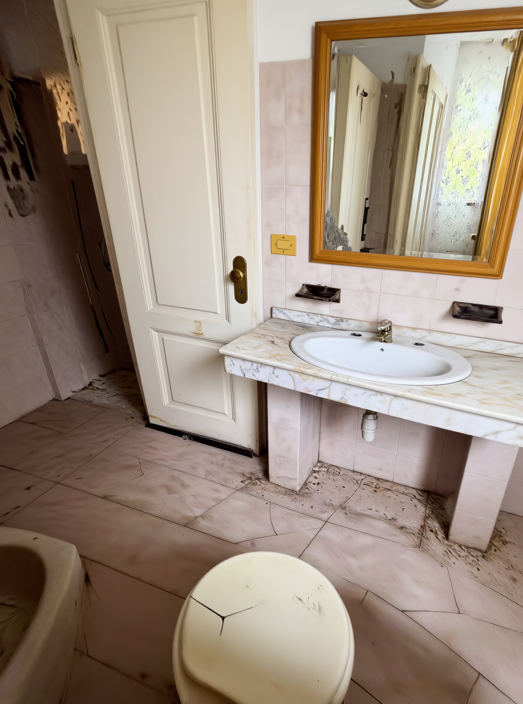 Casa de banho Espinho antes — interior com revestimentos datados e lavatório antigo