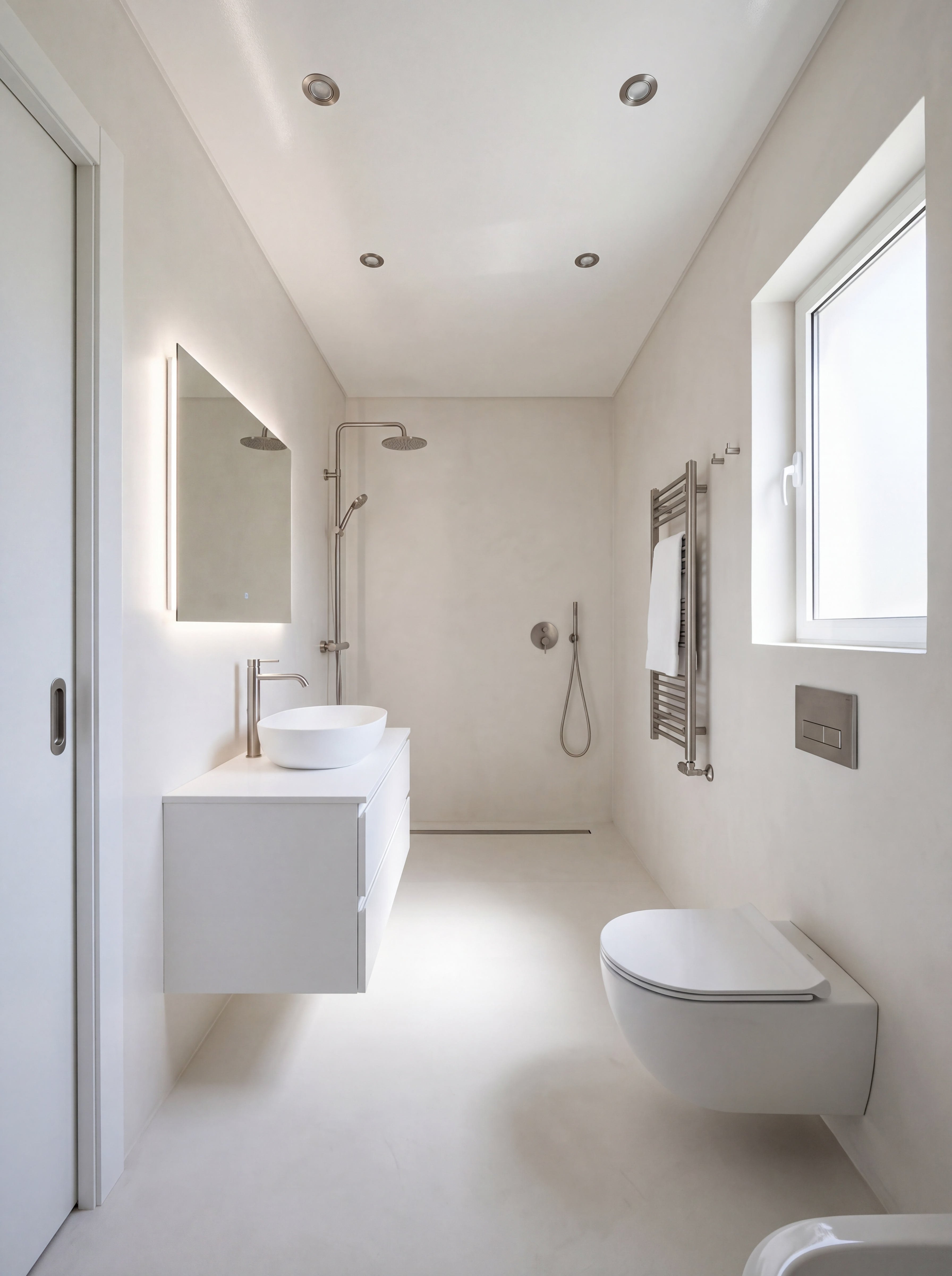 Casa de banho Espinho depois — espelho retroiluminado sobre lavatório suspenso acabamento premium