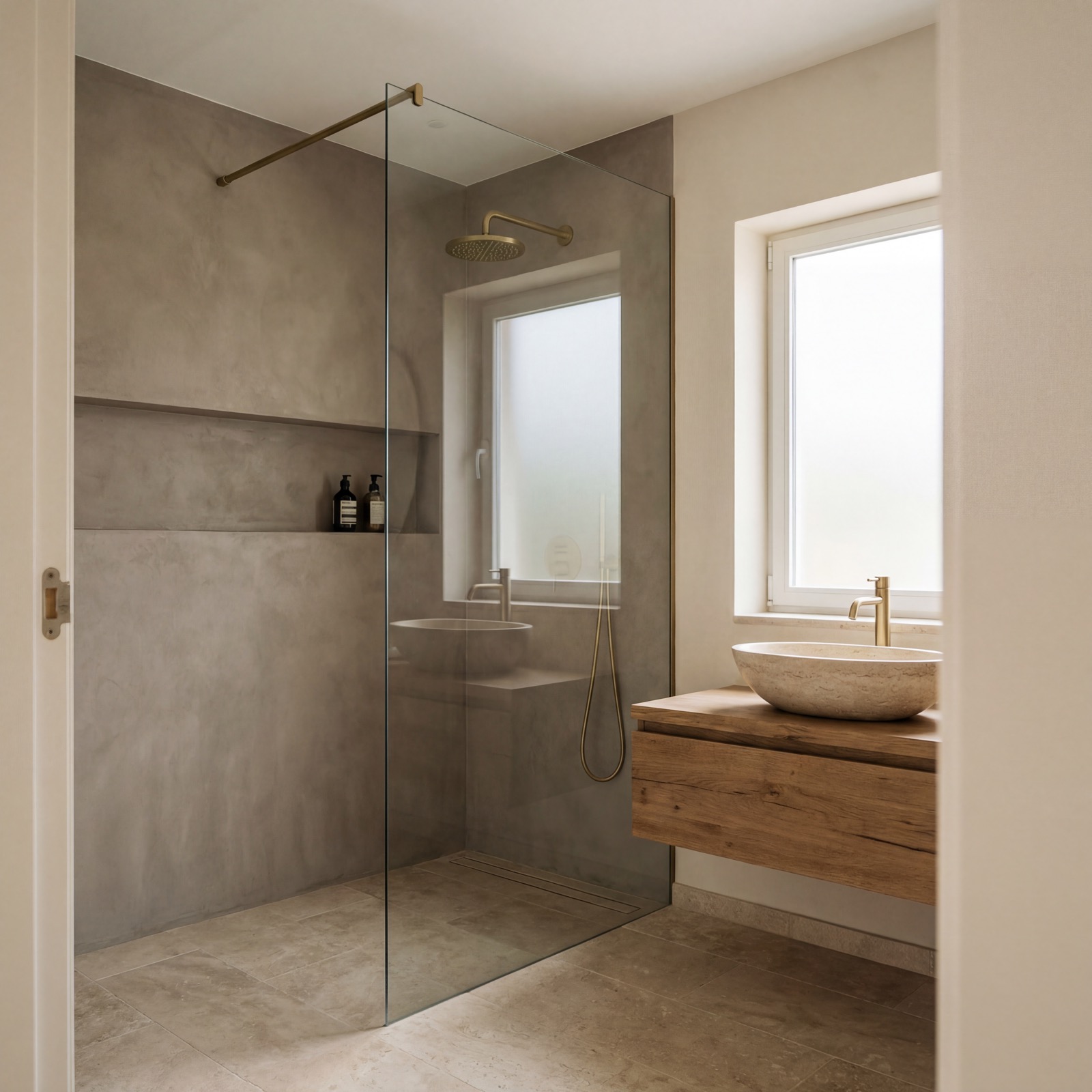 Casa de banho com qualidade com microcimento e acessórios em latão