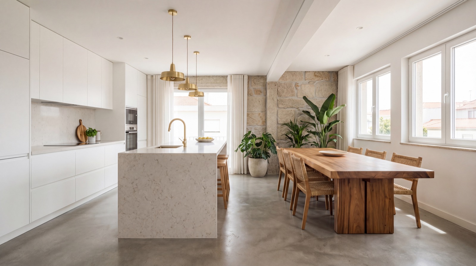 Cozinha moderna com ilha central em pedra natural