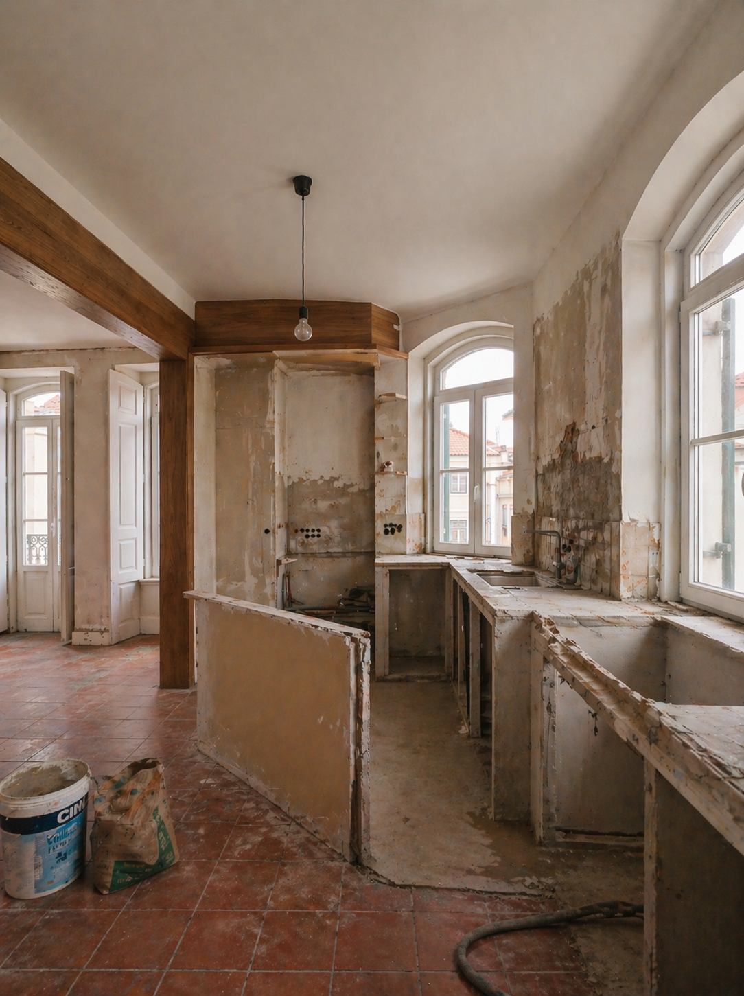 Remodelação cozinha Gaia durante obra — demolição parede e preparação espaço open plan