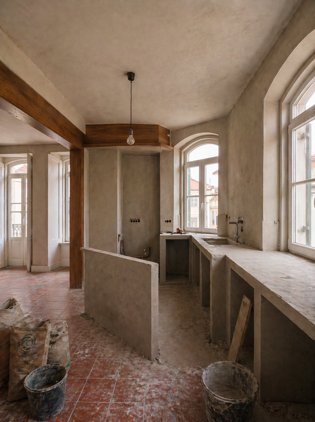 Remodelação cozinha Gaia durante obra — instalação canalização e elétrica