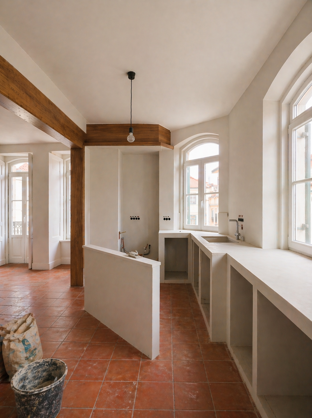 Remodelação cozinha Gaia durante obra — montagem móveis por medida