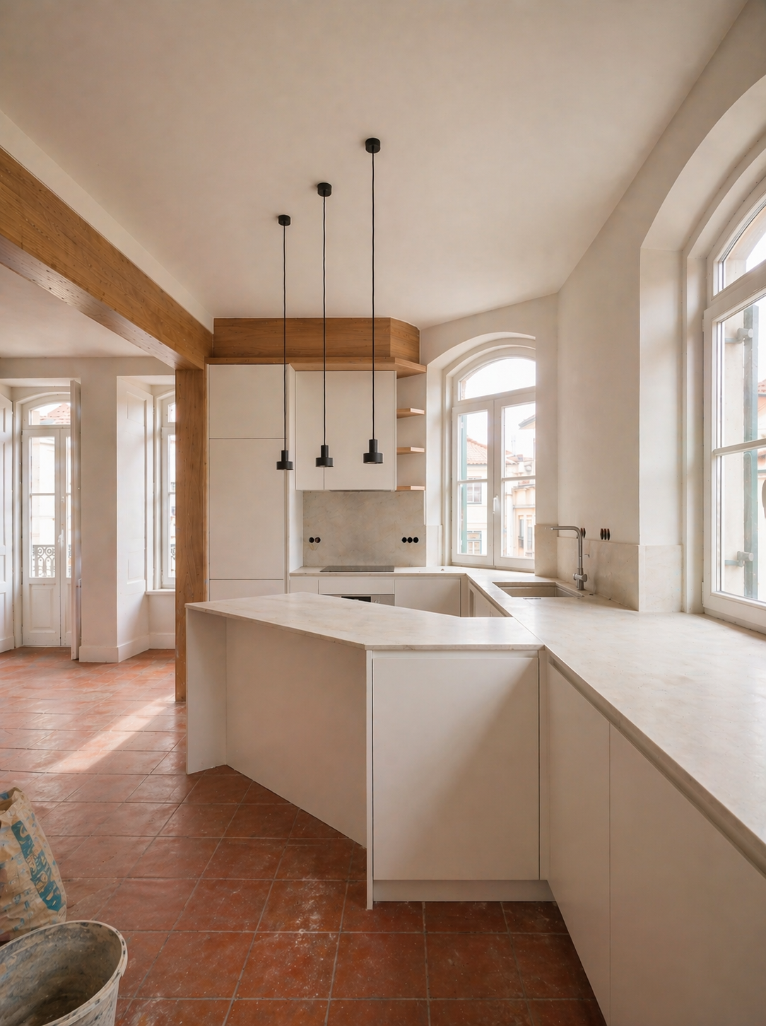 Remodelação cozinha Gaia durante obra — instalação ilha e bancada quartzite